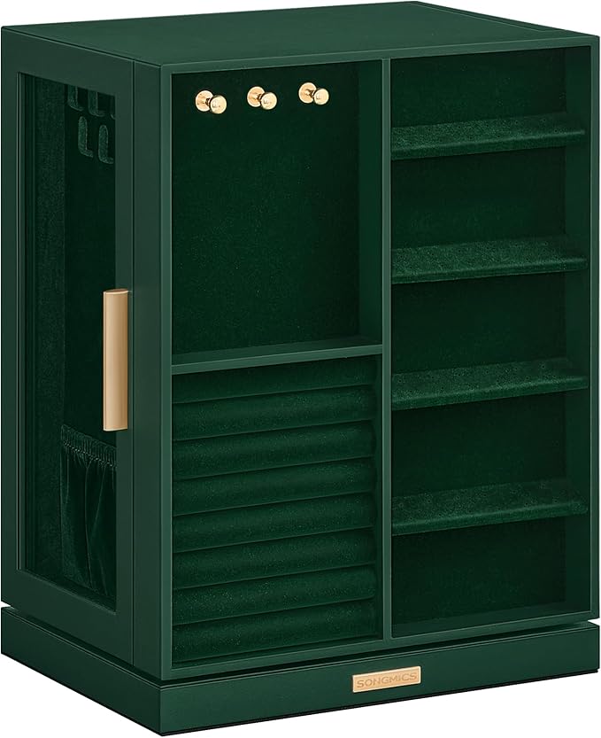 SONGMICS Jewelry Box 360° Rotating, Jewelry Storage Case with 5 Drawers, Jewelry Organizer, Glass Window, Spacious, Vertical Jewelry Storage, Open Design, Great Gift, Forest Green UJBC170C01
