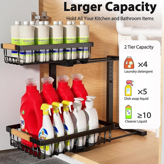 Under Sink Organizer Storage 2 Pack, 2 Tier Slide Out Height Adjustable Pull Out Cabinet Organizer Drawer for Kitchen Bathroom Large Under Sink Shelf Rack Caddy for Pantry, Black