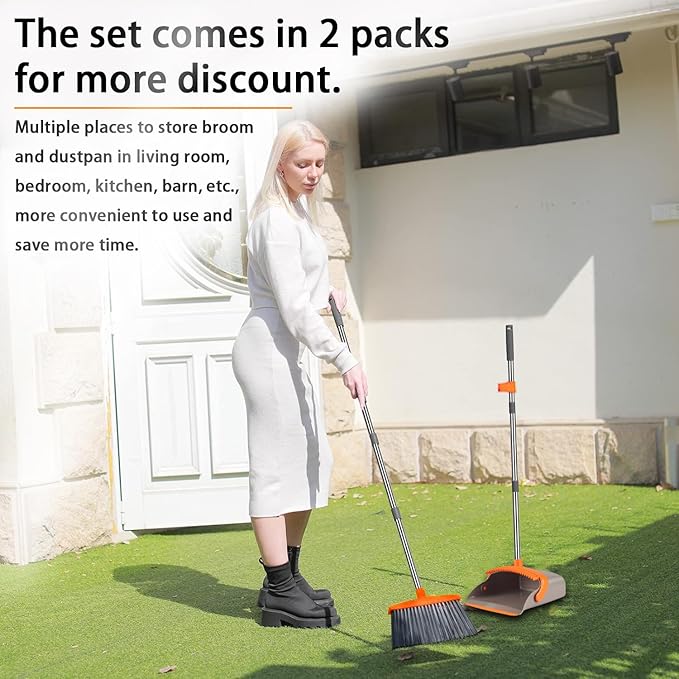 2-Pack is More economical,Upgraded Upright Broom and Dustpan Combo with 52" Long Handle, Dustpan Teeth with self-Cleaning Function, Indoor and Outdoor Sweeping, Perfect for Home Office.
