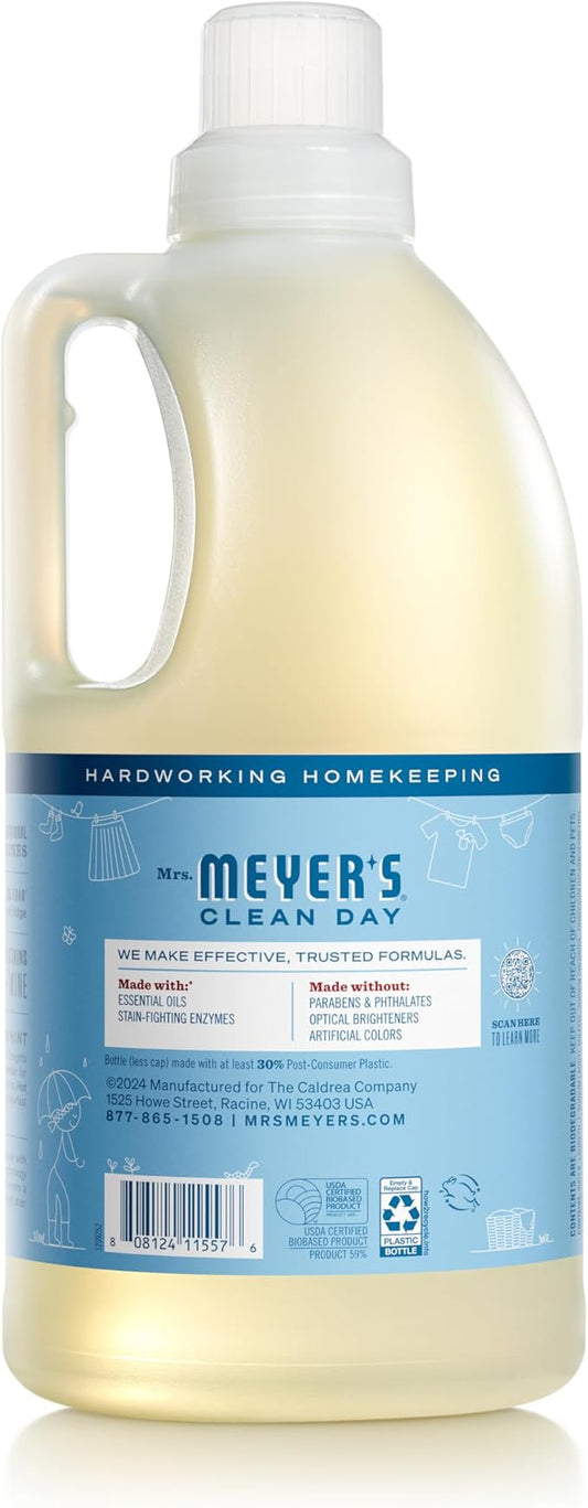 MRS. MEYER'S CLEAN DAY Liquid Laundry Detergent, Infused with Essential Oils, Rain Water, 64 oz - Pack of 2 (128 Loads)