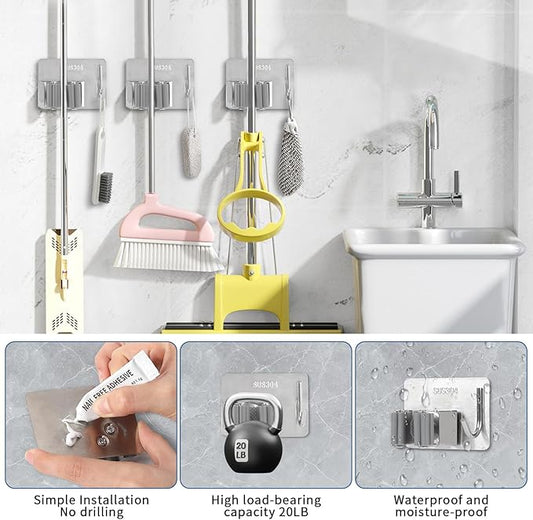 Mop Broom Holder Wall Mount, Stainless Steel, Rust Resistant, Heavy Duty, No Drill,Self-adhesive Broom Holder Wall Mount with Hooks 4Pcs for Bathroom, Kitchen, Garage, Nickel