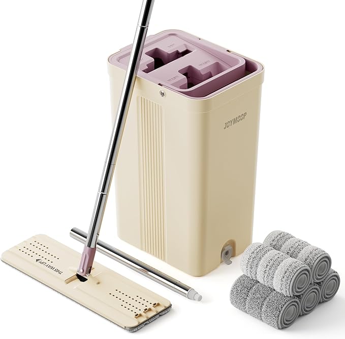 JOYMOOP Mop and Bucket Set (Beige & Blush Brown) with Extension Handle, Ideal for Floor, Window, and Wall Cleaning - Includes 5 Washable Microfiber Pads for Wet and Dry Use