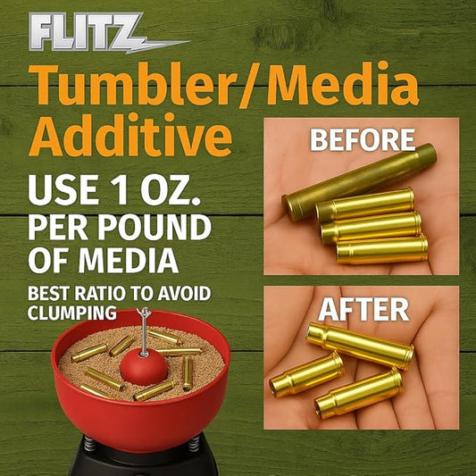 Flitz Tumbler Media Additive - 16oz Bottle of USA-Made Brass Cleaner Reloading Liquid for Ammo, Copper, & All Metals - Ammonia-Free Tumbling Polish to Remove Oxidation, Powder Residue (1 Pack)