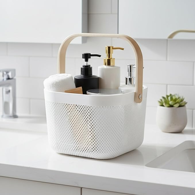 Shower Caddy Portable with Wooden Handle – Plastic Shower Caddy Dorm Basket for Bathroom Storage & Organization, College Essentials