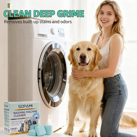 SOPAMI Washing Machine Cleaner Tablets 12 Pack, Deep Clean HE Front Load Top Load Washer, Remove Stubborn Pet Hair Odors, Septic Safe Pet Owner Solution washing machine tablets