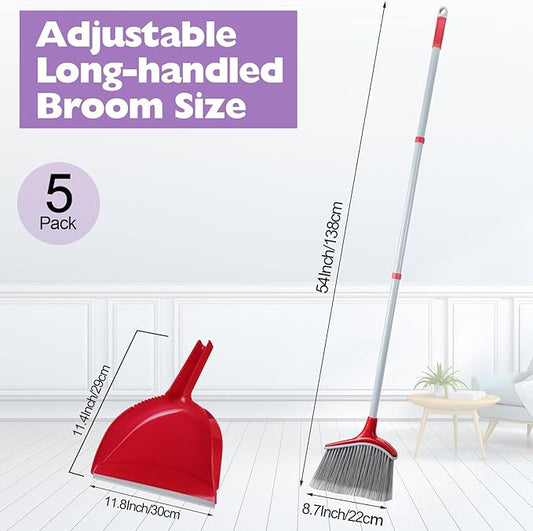 Meanplan 5 Pcs Angle Broom and Dustpan Combo Set for School Classroom 54'' Outdoor Indoor Cleaning Broom Commercial Broom with Step-on Dustpan for Home Kitchen Office Floor Dirt Dust Hair Cleaning