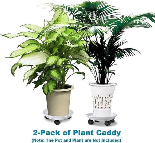 2 Pack of Plant Stand Rolling Caddy with Wheels, Movable Flower Plant Pot Pallet, Indoor Outdoor Planter Tray Dolly, White