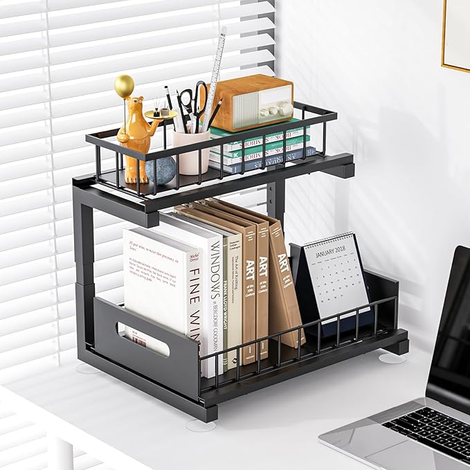 2 Pack Under Sink Organizer, Heavy Duty Metal Slide Out Sink Shelf Organizer Height Adjustable, Multi-Purpose Storage Shelf for Kitchen Bathroom (Black,2Pack)