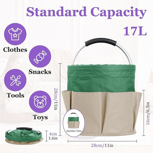 Set of 2 Foldable Cleaning Caddy for Cleaning Supplies, 17L Household Tool Bucket Organizer for Men, Large Cleaning Basket in 600D Oxford Fabric for Travel, Garden, Khaki with Green
