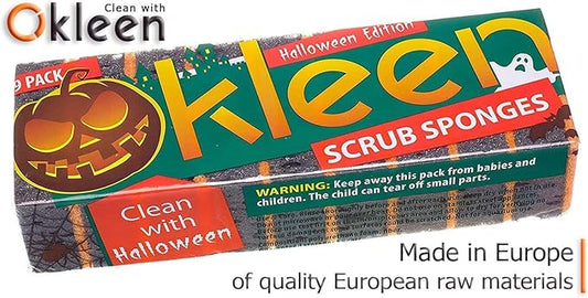 Black & Orange Multi Use Scrub Sponges. Made in Europe. 18 Pack, 4.3x2.8x1.4 inches. Heavy Duty and Non Scratch Fiber. Odorless Durable and Delicate Halloween Holiday Sponges