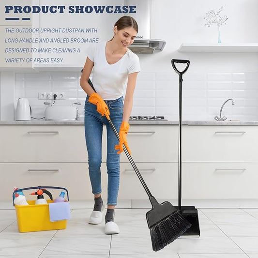 Broom with Dustpan Combo Set Outdoor Upright Dustpan and Broom Set with Long Handle Angle Broom and Dustpan Set for Garage Patio Courtyad Lobby Lawn Home Kitchen Ofiice