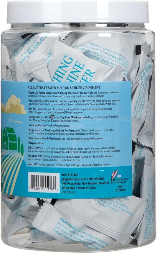 Ginger Lily Farms Botanicals Washing Machine Cleaner Tabs, Deep Cleaning Tablets for HE Front Load & Top Load Washers, Fragrance-Free, 50-Count