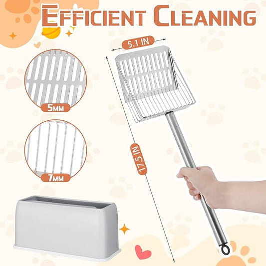 Tioncy Metal Cat Litter Scoop with Holder 17.5 Inch Long Handle Cat Scooper for Litter Box Deep Cat Fast Sifter Shovel Stainless Steel Cat Litter Sifter Scoop Pet Scooper for Kitten Cat Dog Poop