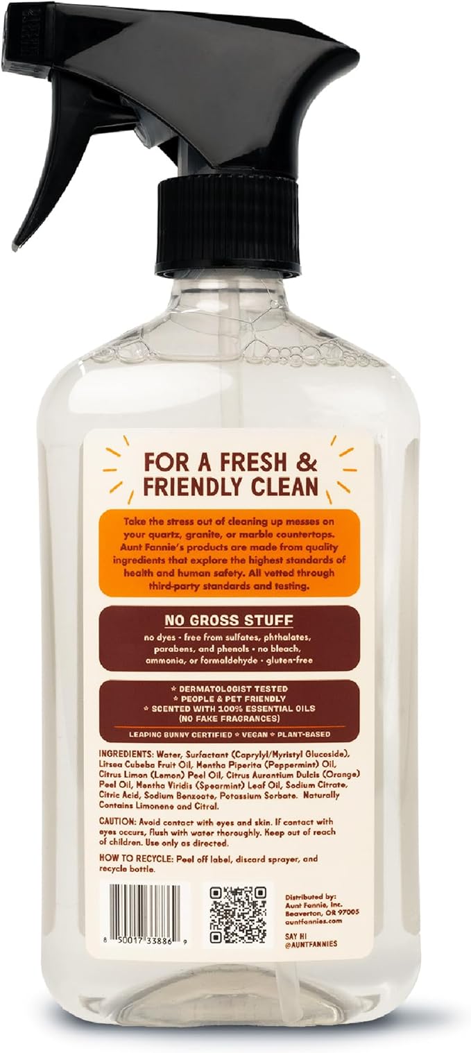 Aunt Fannie's Granite and Stone Cleaner, Plant Based Daily Countertop Spray for Granite, Marble, Soapstone, Quartz, Slate, Laminate, and other Sealed Stone, Bright Lemon Scent, Pack of 3