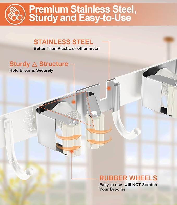 Broom Holder Over The Door Drilling Free Mop and Broom Holder with 4 Over Door Hook, Metal Mop and broom hanger Wall Mount Broom Storage Tool Organizer for Laundry Room Garage Bathroom - white