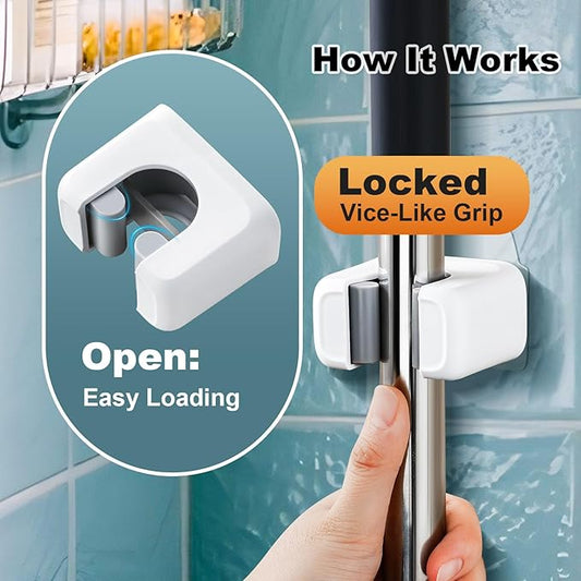 funest 6 Pack Mop and Broom Holder Wall Mount, No Drill Needed Self Adhesive, Non-Slip Mop Grippers for Tile Walls - Kitchen, Bathroom, Garageļ¼Whiteļ¼