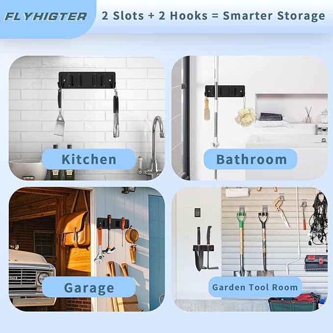 Broom and Mop Holder Wall Mounted, Heavy-Duty Stainless Steel Storage Rack with 2 Racks & 2 Hooks,Broom Organizer for Kitchen,Bathroom,Garage,Garden(SILVER