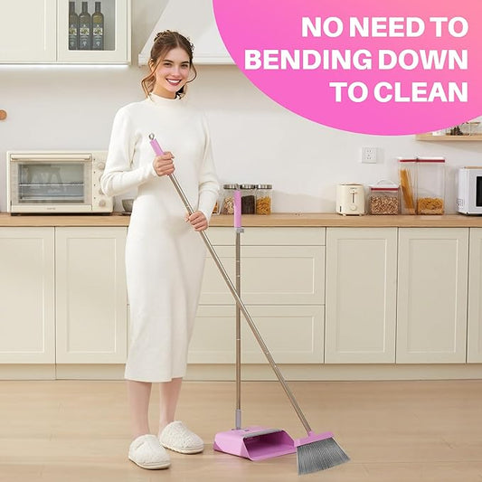 JOYMOOP Pink Broom and Dustpan Set with 56” Handle, Upright Angle with Built-in Comb Teeth for Hardwood Floors and Pet Hair