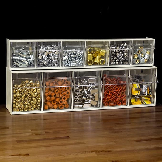 Akro-Mils TiltView Plastic Storage Cabinet with 5 Tilt Out Bins, Horizontal Plastic Parts Organizer, Teacher Toolbox, and Office Supply Organizer, 23-5/8" W x 6-1/2" H x 5-5/8" D, Stone