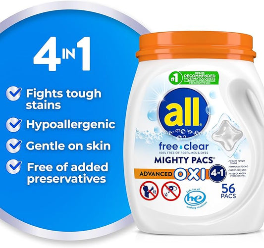 all Laundry Detergent Pacs, Mighty Pacs with OXI Stain Removers and Whiteners, Free Clear, Unscented and Dye Free, 56 Count