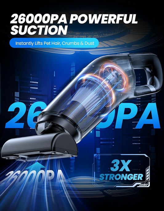Handheld Vacuum Cordless, 26,000 Pa High Power Suction, Portable Rechargeable Car Vacuum Cleaner for Home, Office, Pet Hair, Car Detailing, Black