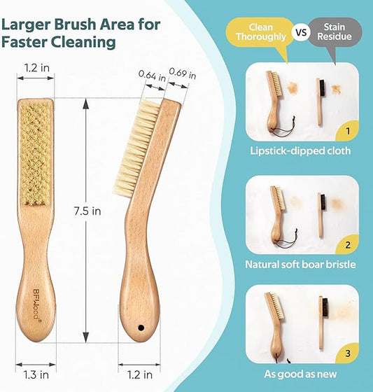 BFWood Laundry Stain Brush, Large Natural Soft Boar Bristles, Removes Tough Stains from Delicate Fabrics Like Knits, Cotton, and Linens, Gentle on Fabrics, No Damage