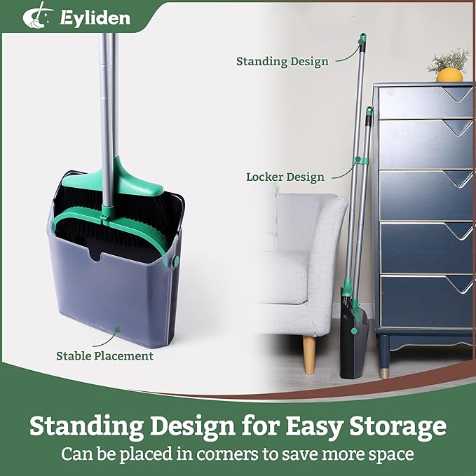 Eyliden Broom with Dustpan Combo Set - Stand-Up Dustpan, Self-Cleaning Comb, 4-Row Dense Bristles - Sweeper Brooms and Dustpan for Home, Office, Lobby, Shop, Classroom, Dorm Room (Black & Green)