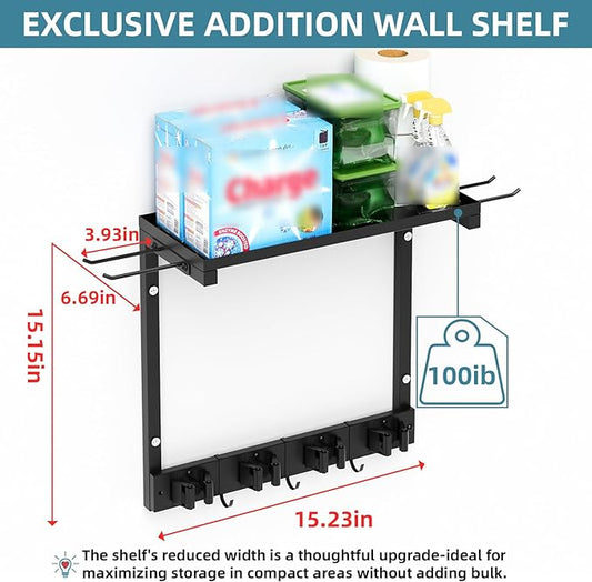 Broom Holder Wall Mount with Cleaning Supplies Organizer, Laundry Room Organization and Storage Shelves, Mop Hanger Broom Rack with Hooks, Home Improvement Kitchen Shelf Garage Organizer