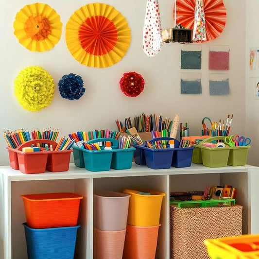 Kathfly 8 Pack Caddy Organizer with Handle, Stackable Organization Storage, Small Plastic Basket Classroom Caddy for Table Desk Office Pencil Kids Room Craft Art Teacher School Supplies (Deep Color)