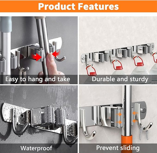 Broom and Mop Organizer Wall Hanging, Upgraded Mop and Broom Holder Wall Mount, Stainless Steel Broom Hanger Wall Mount for Laundry Room Organization and Storage(5 Racks with 4 Hooks)