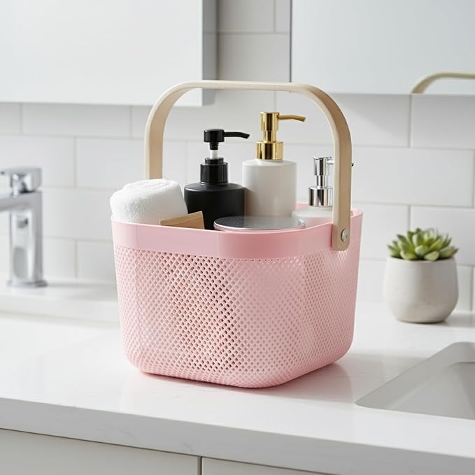 Shower Caddy Portable with Wooden Handle – Plastic Shower Caddy Dorm Basket for Bathroom Storage & Organization, College Essentials (Pastel Pink)