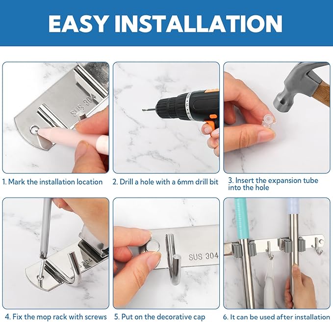 3 Pack Silver Mop and Broom Holder Wall Mount Self Adhesive 3 Racks with 4 Hooks Broom Organizer Wall Mount Stainless Steel Broom Hanger for Home Kitchen Garden Laundry Garage Organization Storage