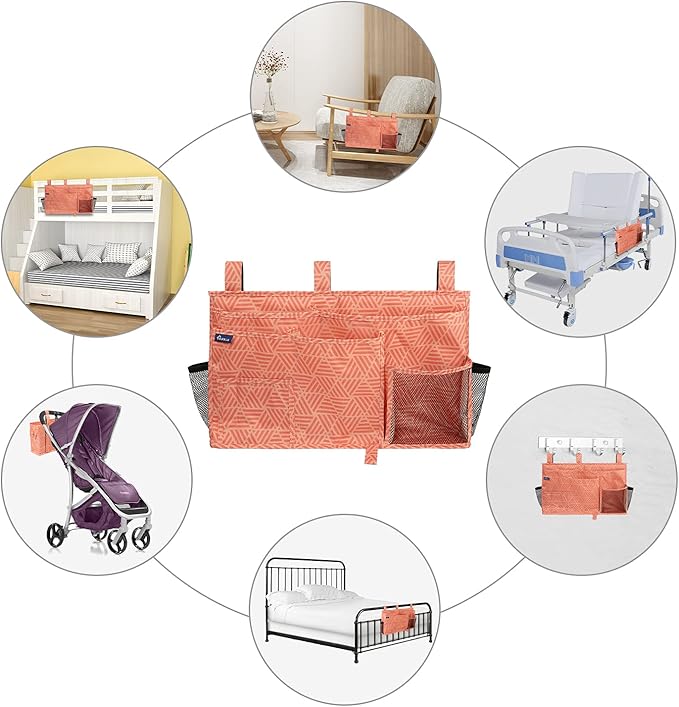 Surblue Bedside Caddy Hanging Organizer Storage Bag Pocket for Bunk, Hospital, College Dorm Rooms, Baby Bed Rails, Camp (8 Pockets), Orange Plaid