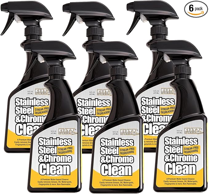 Flitz Stainless Steel & Chrome Clean - 16oz Bottle, USA-Made Stainless Steel Cleaner Spray for Appliances - Grill, Fridge, Sink Stain Remover - Also Works on Aluminum Surfaces (6 Pack)
