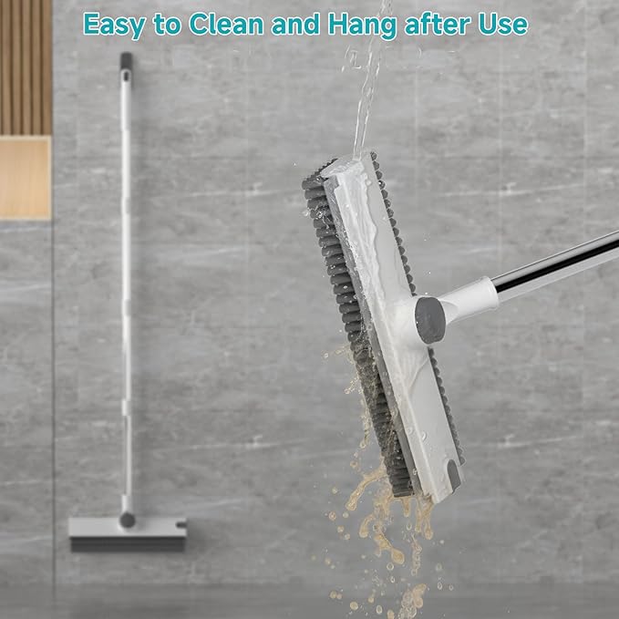 Floor Scrub Brush with Long Handle Length Adjustable, 3 in 1 Heavy-Duty Stiff 90° Bristle Floor Scrubber Broom with Squeegee, for Bathroom, Garage, Kitchen, Tile, Deck & Patio (White)