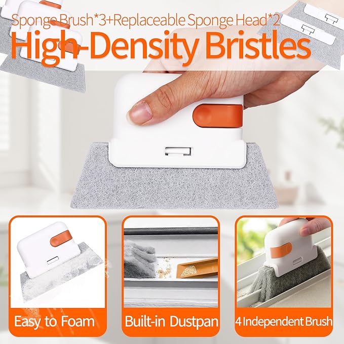 12PCS Window Screen Cleaner - Large Brush Face Mesh Screen Cleaning Brush, Detachable Window Cleaner Tool with Wet and Dry Dual Use + 9 Groove Brushes with 2 Replacement Sponges