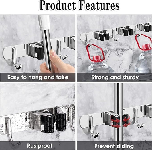3 Racks and 4 Hooks Broom and Mop Holder Wall Mounted Garage Organizer Storage Tool Racks Stainless Steel Heavy Duty Hooks Self Adhesive Solid Non-slip Wall Hangers for Home Kitchen Garden Laundry