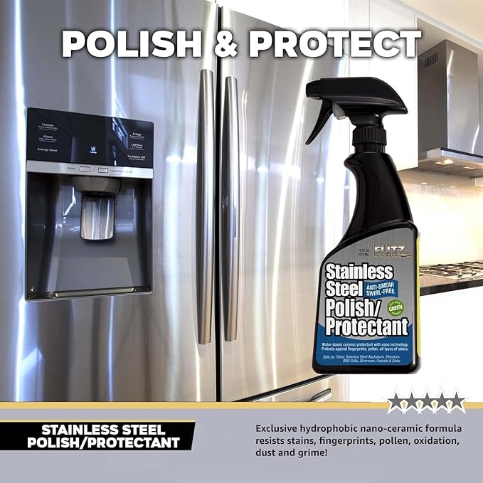 Flitz Stainless Steel Polish Protectant - 16oz Bottle, USA-Made Ceramic Coating for Stainless Steel Appliances, Repels Fingerprints & Water Spots - Aluminum & Chrome Polish & Protectant (1 Pack)