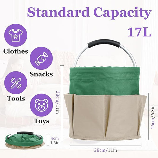 17L Caddy Organizer with Handle, Foldable Cleaning Supplies Caddy with 6 Pockets, 600D Oxford Cloth Tool Bag, Storage Organizer for Camping, Car Tool Storage, Gardening, Khaki with Green