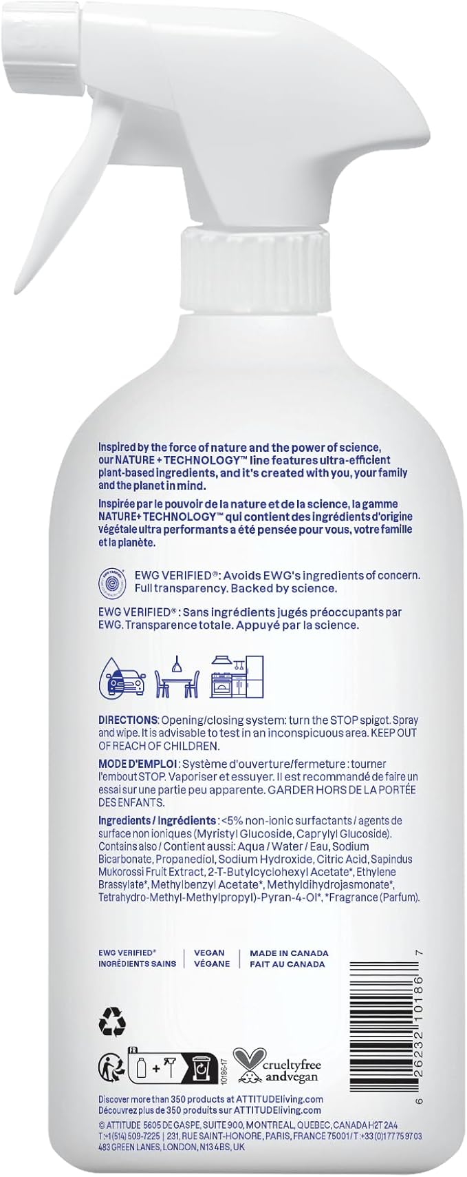 ATTITUDE All Purpose Cleaner Spray, EWG Verified, Vegan, Made with 94% Plant-Based Ingredients, Streak-Free for Kitchen, Bathroom, Glass & More, Pink Grapefruit Scent, 27.1 Fl Oz