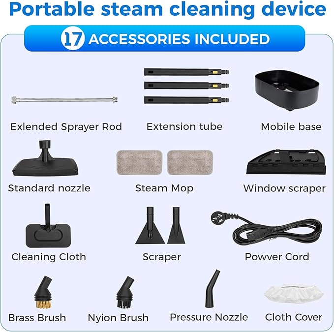 Powerful Steam Cleaner, 3-Level Adjustable Steam Cleaner for Home & Car, Multipurpose Canister Steam Cleaner, 15s Heat-Up & 1.6L Large Tank, Suitable for Cars, Floors, Kitchens and Bathrooms