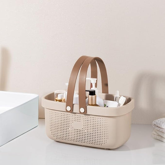 JiatuA Plastic Storage Basket with Handle Portable Shower Caddy Tote Organizer Basket Bin for Bathroom Kitchen Dorm Room Bedroom, Beige