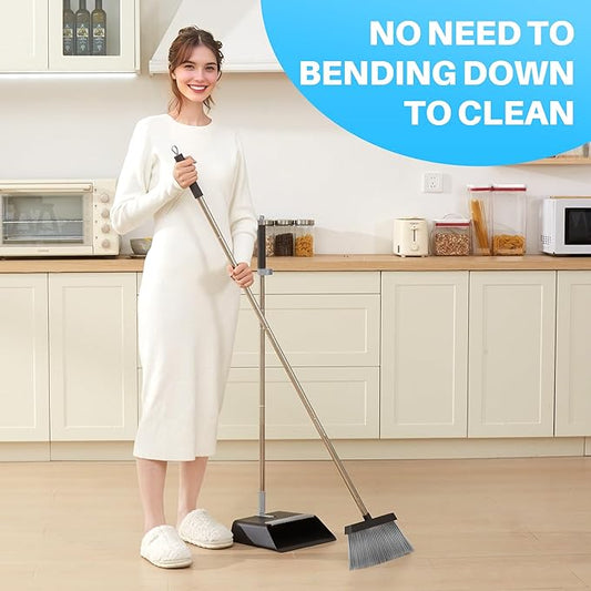 JOYMOOP Black Broom and Dustpan Set, Upright Angle Design with Built-in Comb Teeth for Home, Office, Hardwood Floors, Pet Hair