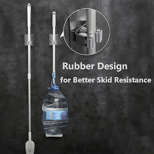 HANZE 4 Pack Mop Broom Holder Racks 304 Stainless Steel Self Adhesive Heavy Duty Wall Mounted Mop Organizer Storage Clip Multi-Used for Garage Kitchen and Bathroom