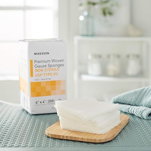 McKesson Premium Woven Gauze Sponges, Non-Sterile, 8-Ply, USP Type VII, 100% Cotton, 4 in x 4 in, 200 per Pack, 1 Pack