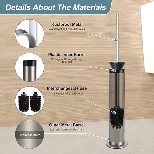 BGL Toilet Brush and Holder Set, Heavy Duty 304 Stainless Steel, Round Base and Long Handle for Bathroom Deep Cleaning, Drip-Proof, Space Saving for Storag, Stainless Steel