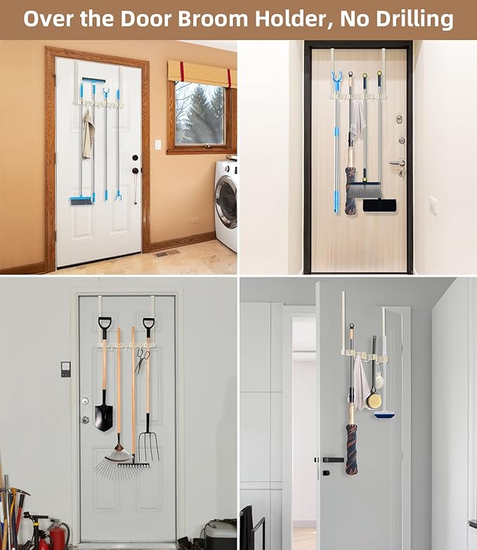 Broom Holder Over The Door - 304 Stainless Steel Mop and Broom Holder Wall Mounted or Hanging Over The Door with Hooks - Broom Hanger, Broom Storage Tool Organizer for Closet Laundry - light beige