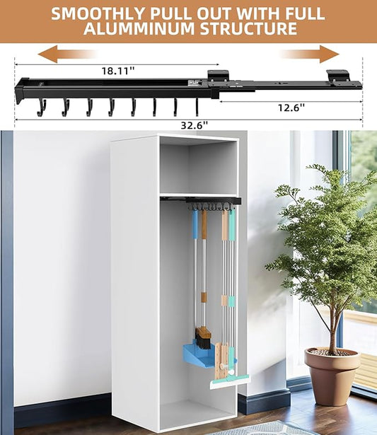 Pull Out Broom Holder With Adjustable Double Row Sliding Hook, Multifunctional Slide Broom And Mop Storage/Organizer Garage Organization Hooks, for Closet Laundry Garage Cupboard - 46cm/18.11inch