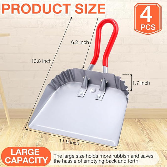 Uiifan 4 Pcs Industrial Metal Dustpans 12" Heavy Duty Dust Pan with Handle Commercial Dustpan Wide Scooper Dust and Debris Sweeping Tool Precision Edge Rubber Grip Loop Handle(Silver)
