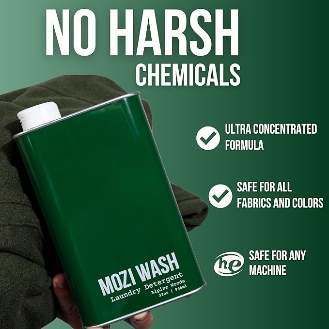 MOZI WASH Laundry Detergent Liquid, Alpine Woods, 50+ Loads, Concentrated, Plant Based, Cruelty & Dye Free, Phosphate & Paraben Free, Earth Friendly, Long Lasting Fresh Scent, 32 oz Recyclable Bottle